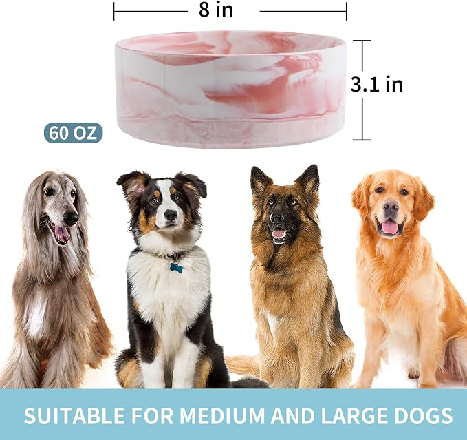 Raised/Elevated Ceramic Dog Bowl for Medium Large Sized Breeds,Large Dog Food Water Bowl with Stand,8 in Non Slip Heavy Weighted 1800ml/ 7.6 Cups/60 OZ Marble Pink - Image 2