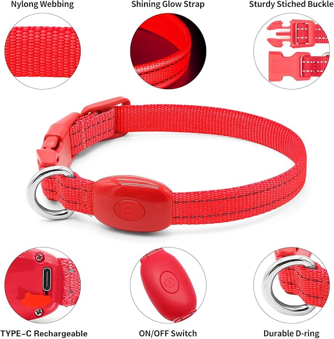 Light Up Dog Collar for Small Dogs - Rechargeable LED Cat Collar, Adjustable Reflective Puppy Collar Glowing Safety Dog Lights for Night Walking (Red) - Image 3