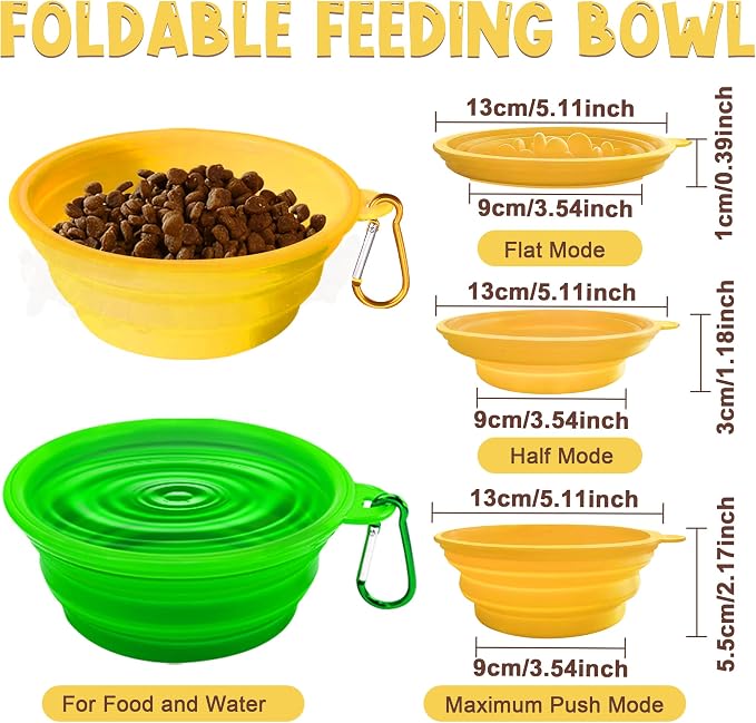 Small Collapsible Dog Bowls (12oz), 2 Pack 2 Colors Pet Travel Foldable Bowl and Slow Feeding Frisbee with Carabiners, Healthy, Soft Silicone, Portable Essential Set for Walking, Travel, and Hiking - Image 2