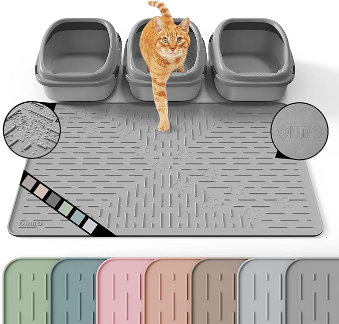 XL Cat Litter Mat, 37.5x25.2 Silicone Trapping Mat Grey | for Kitty Litter Box, Easy Clean, BPA Free Rubber, Center Litter Collection, Easy Pour-Back, Waterproof, Odor-Resistant by OHMO