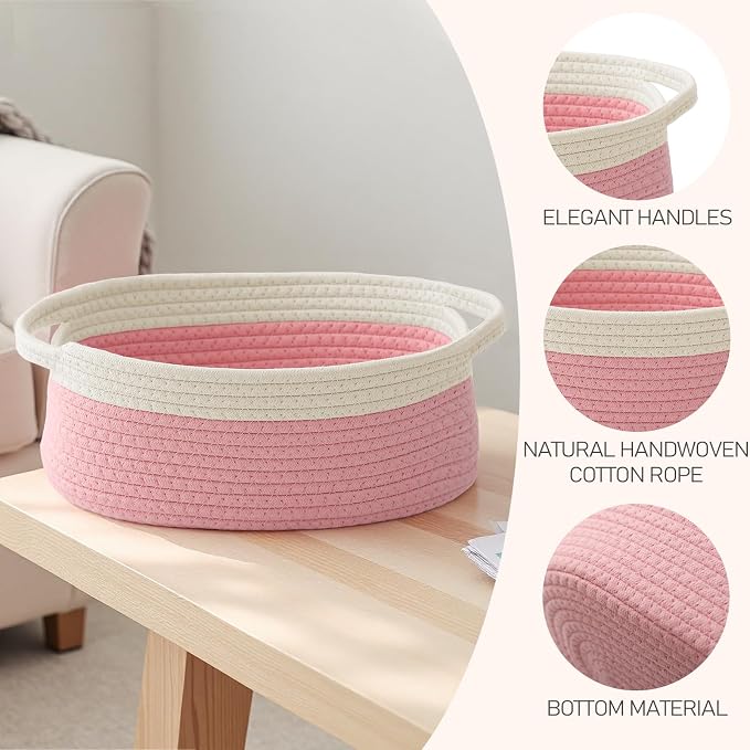 JMvicyroam Small Woven Basket, Empty Gift Basket, White&Pink/1 Pack | Small Gift Basket, Cotton Rope, 12 x 8 x 69 in, Handles, Includes Ribbon and Bag, Birthday Gift Basket - Image 3