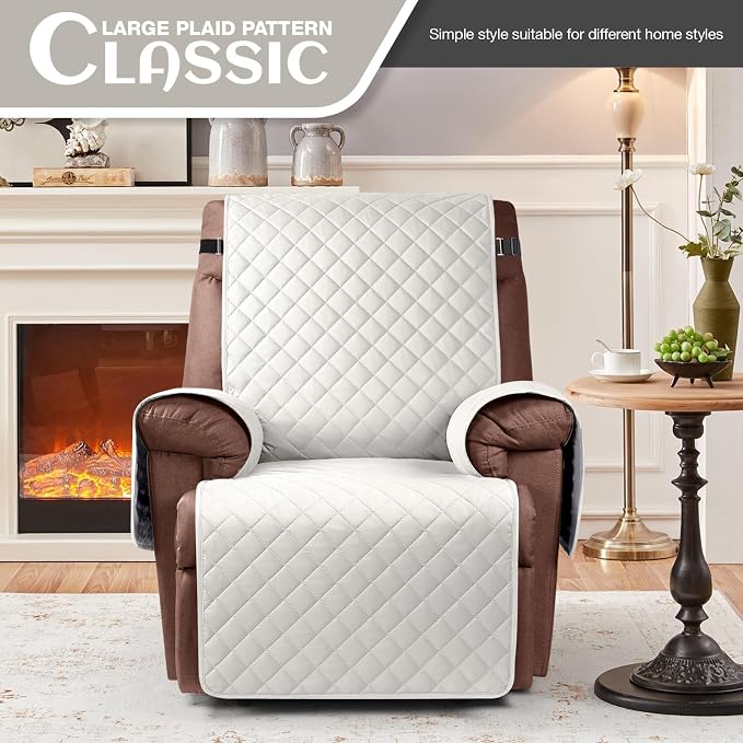 KinCam 100% Waterproof Recliner Chair Covers Washable, 30", Beige White | Anti Slip Reclining Couch Covers for Pets Dog, Recliner Sofa Slipcover Storage Pocket, Furniture Protector with Elastic Strap - Image 2