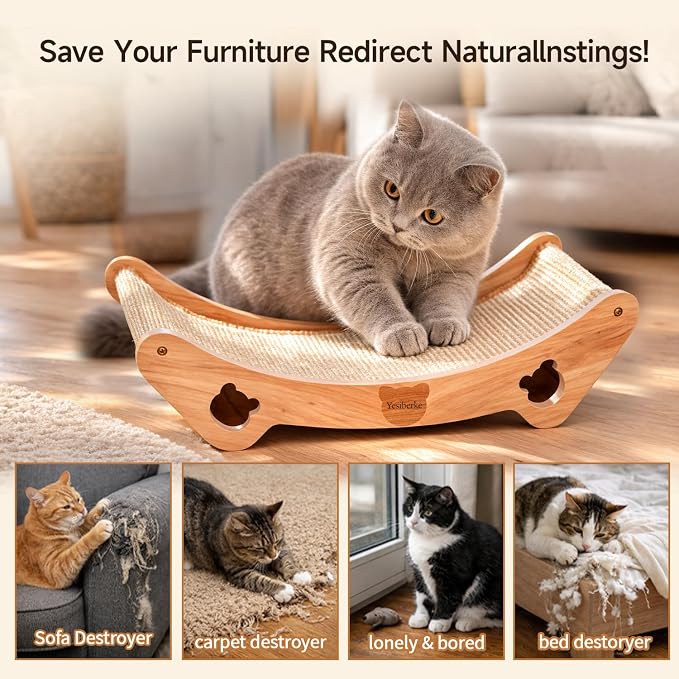Upgraded Sisal Cat Scratcher Bed, Solid Oak Frame 1.3 cm Thick, 100% Sisal Pad, Curved Scratch Lounger, Stable Base Up to 36 lb, Sofa Protector, Odor-Free, 23.6" x 13.7" - Image 5