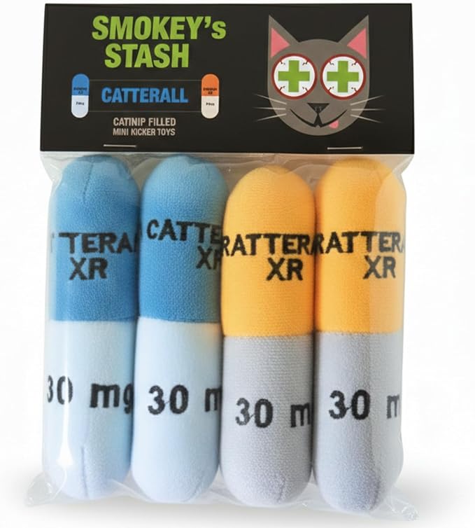 Smokey's Stash Catterall Catnip Toys – 4 Pack Plush Pill Toys with Potent Catnip & Crinkle Paper – Funny Parody Cat Toys for Indoor Cats & Kittens – Interactive Kicker Toys by Smokeysstash