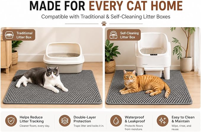 PAW BALLET Cat Litter Mat, Double-Layer Honeycomb Litter Trapping Mat, Waterproof & Non-Slip EVA Cat Litter Box Mat, Extra Large 35.5 × 23.5 Inches - Image 8