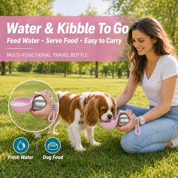 Portable Pet Dog Water Bottle with Silicone Collapsible Bowl, 10 oz Pink | Stainless Steel Pet Travel Dispenser with Rope | Dogs on Walks Hiking Accessories | Puppy Small Pets Essentials - Image 4