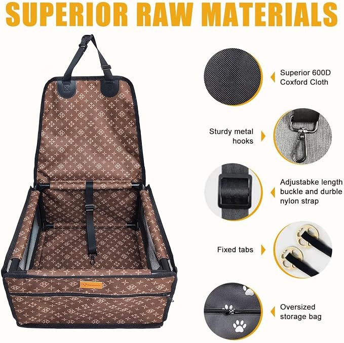 Pet Dog Booster Seat, Upgrading the Framed wall to Prevent Collapse，Breathable and Foldable Pet Car Basket，Removable andWashable pet car seat (Brown Frame) - Image 4