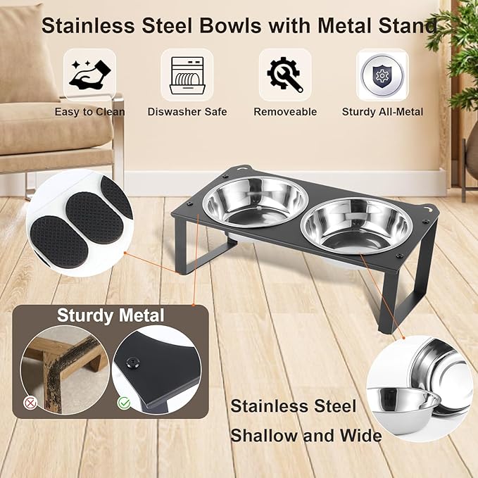 2 Set Elevated Cat Food Water Bowls, 4 Stainless Steel Bowls for Indoor Pet with Cute Metal Stand, 10° Tilted Anti-Vomiting Wide Shallow Raised Cat Dishes Whisker Friendly for Multiple Kitten,Puppy - Image 4