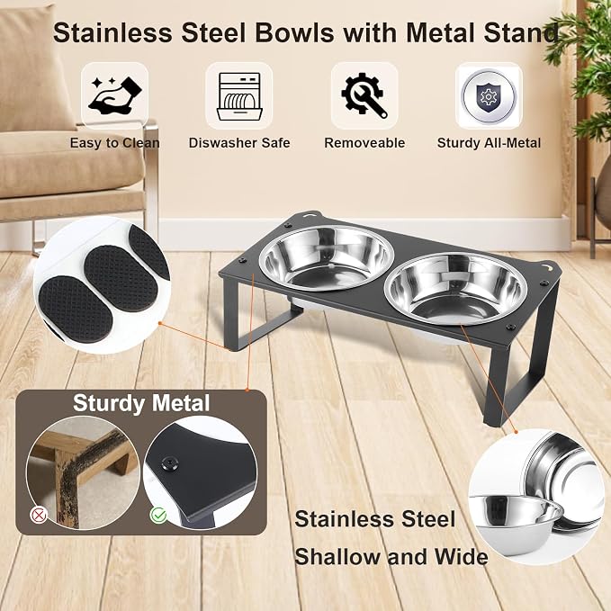 3 Set Elevated Cat Food Water Bowls, 6 Stainless Steel Bowls for Indoor Pet with Cute Metal Stand, 10° Tilted Anti-Vomiting Raised Wide Shallow Cat Dishes Whisker Friendly for Multiple Kitten,Puppy - Image 4