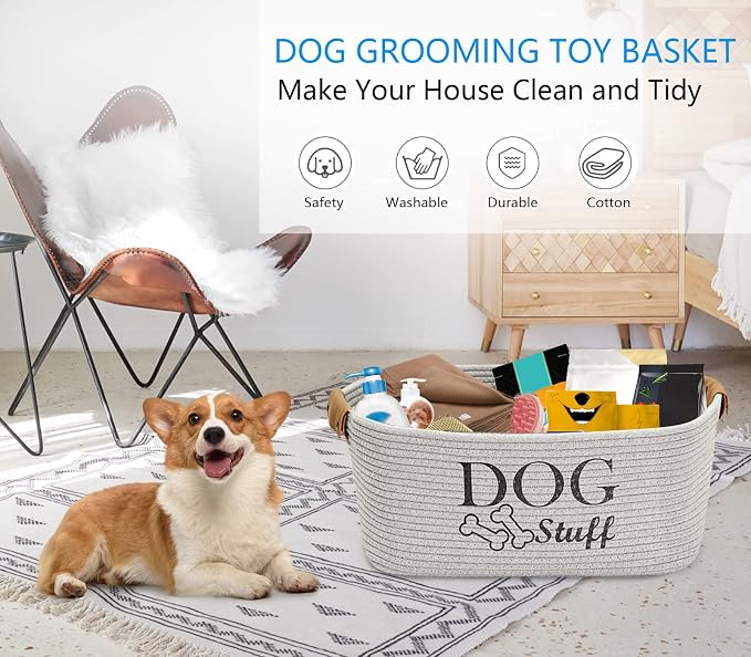 Morezi Durable Cotton Rope Dog Toy Storage, Large Dog Bin, Pet Bed, Puppy Toy Box - Perfect for Organizing Pet Toys, Blankets, Leashes, Clothing and Any Doggie Stuff - Gray - Image 2