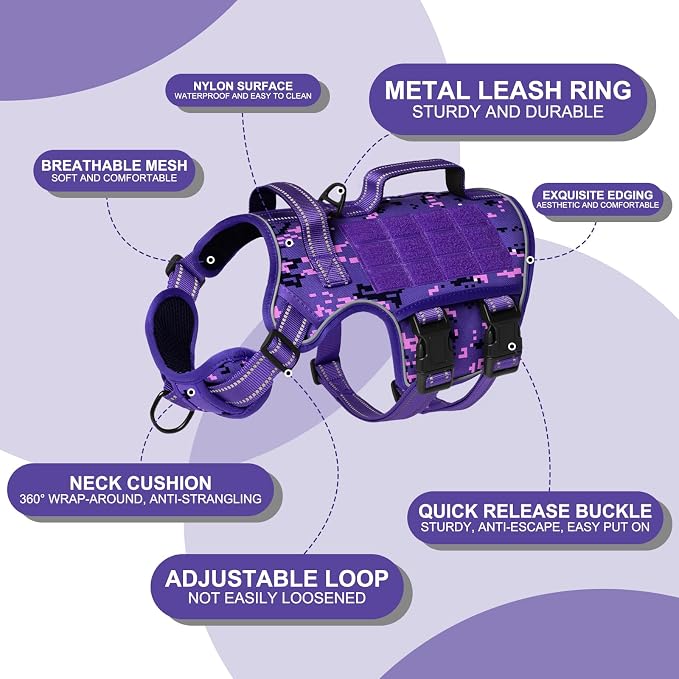Dog Harness for Large Dogs, No Pull Tactical Vest with Front Clips | Easy Contrl Handle, Breathable Soft Padded, Adjustable, Reflective, Heavy Duty, Easy Take On & Off, Purple Camo X-Large - Image 2