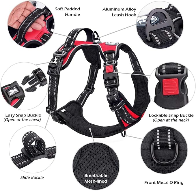 PoyPet No Pull Dog Harness Large with Front Clip & Neck Release Buckle | No Choke, Adjustable Vest, Reflective, Back Clip, Lockable, Soft Padded, Easy Control Handle for Walking Training, L, Red - Image 4