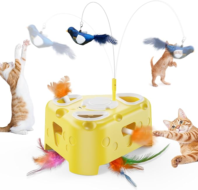 Automatic Cheese-Shaped Interactive Cat Toy – Flying Bird, 6-Hole Mole & Rotating Feather | USB Rechargeable Electronic Feather Toy for Indoor Adult Cats & Kittens, Relieves Boredom | Cheese-shaped non-slip base, 3 play modes, USB-C rechargeable 1200mA... by PANRIO
