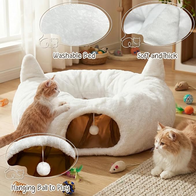 OurWarm Cat Tunnel Bed for Indoor Cats, Soft Plush Round Peekaboo Cat Bed Cave with Washable Cushion, Under Cristmas Tree Cat Donut Tunnel Toys for Kitten Rabbit Puppy (White) - Image 4