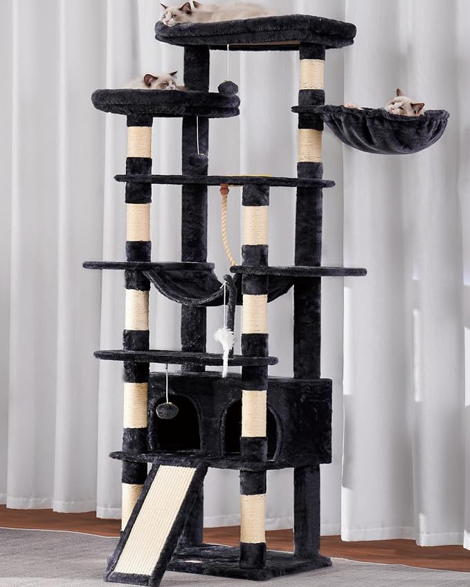 Heybly Tall Cat Tree 78-inch Multi-Level Cat Tower for Indoor Cats HCT033G | Cat Condo with 2 Widened Plush Perches, Multi-Level Cat Furniture with Scratching Board, Big Caves, Smoky Gray - Image 6