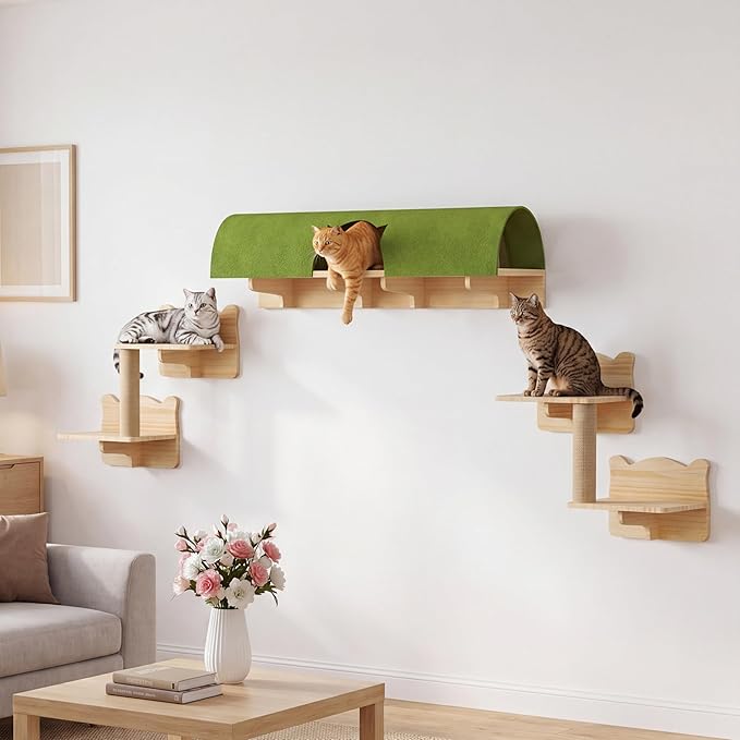 7-in-1 Cat Shelves for Wall, Cat Wall Furniture Set with Tunnel | Multi-Level Floating Cat Shelves for Space Saving, Solid Wood Cat Climbing System with Scratching Posts, Burlywood by Homiflex