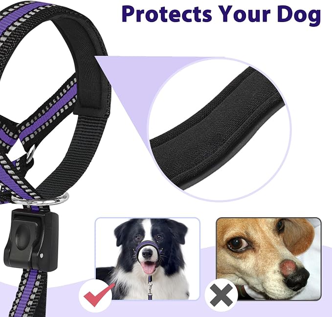 BARKLESS Soft Dog Head Collar, Patented Padded No Pull Head Halter, Training Nose Leash with Safety Link for Medium Large Dogs, Adjustable Muzzle Leash, Easy Control for Walking (XL, Purple) - Image 2