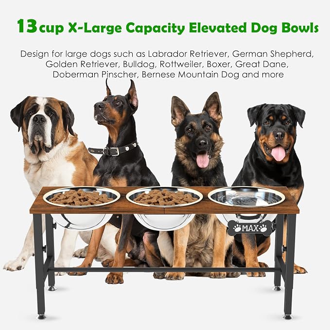 SHAINFUN Adjustable Height Elevated Dog Bowl Stand for Large & Extra Large Dogs – Wooden Raised Dog Bowls with Three 101oz Stainless Steel Bowls & Mat, Stainless Steel Food & Water Station - Image 3