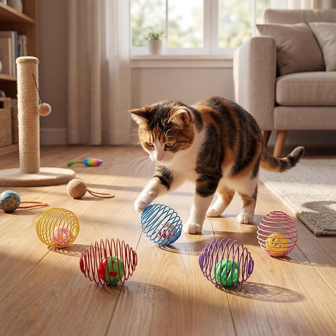 Jecery 5 Pcs Cat Toys Spring,Bell Ball,Multicolor | Interactive Metal Cat Toy, Stretchable Rolling Ball, for Indoor Cats, Colorful Playful Coils, Kitten Pet Supplies - Image 6