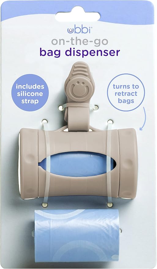 Ubbi Retractable On-the-Go Bag Dispenser for Baby Travel, Diaper Bag Accessory Must Have for Newborns, Helpful Baby Accessory, Taupe (Pack of 5) - Image 2