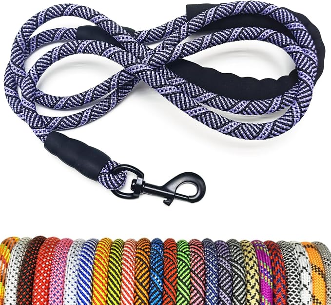 MayPaw Heavy Duty Rope Dog Leash, 6/8/10FT Nylon Pet Leash, Soft Padded Handle Thick Lead Leashes for Large Medium Dogs Walking Roaming (6ft * 1/2", Purple Black) by MayPaw