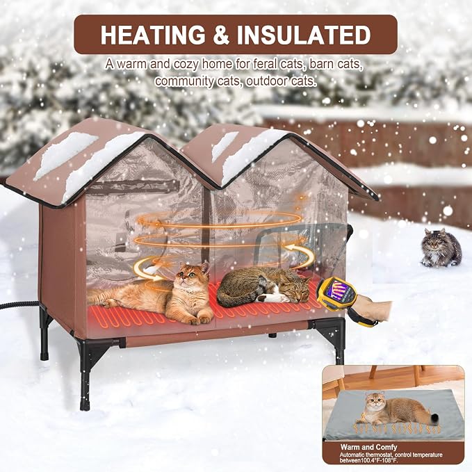 Heated Cat House for Outside Winter, Large Heated Outdoor Cat House Weatherproof, Elevated Bed, Escape Door, Insulated Outdoor Cat Shelter with Heater for Multiple Cats Feral Stray Kitty, Easy Setup - Image 2