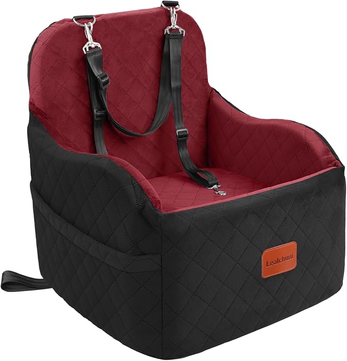 Lealchum Dog Booster Car Seat for Small/Medium Dogs,Puppy Portable Car Bed with Elevated Cushion,Fully Detachable and Washable,2 Storage Pockets,Easy to Install (Blakc/Red, Medium) by Lealchum