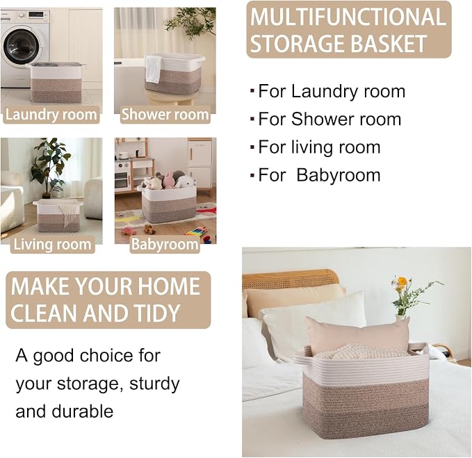 OIAHOMY Woven Blanket Basket Laundry Basket Dog Toy Basket Gradient Brown | Large Storage Basket,Baby Basket,Toy Storage,Woven Rope Basket for Blankets,Blanket Storage for Living Room - Image 4