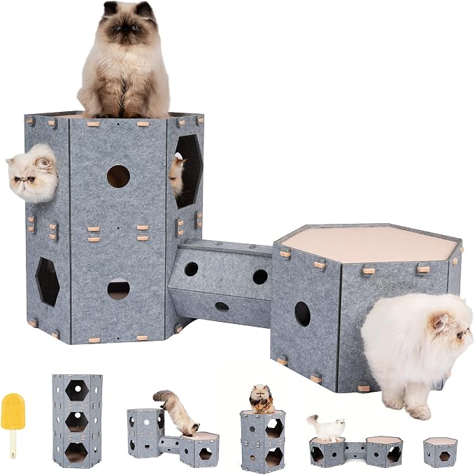 Thickened Felt Cat House, with Hair Brush, Large Cat Castle, Cat Tunnel Bed | Indoor Cats DIY Connectable Expandable Modular Pet Condo, Kitten Hideaway Play Cave, Enclosed Sturdy Multi Rabbit/Puppy Cube by Muzzique