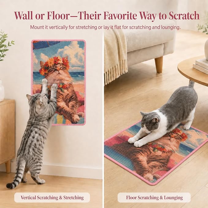 Art Sisal Cat Scratcher Mat, Cat Wall Scratchers for Indoor Cats | Wall Mounted Cat Scratcher, Natural Sisal, No-Drill Hook & Loop Setup, Floor or Wall Use, 23.6 x 15.7 Inch, Beach Cat - Image 7