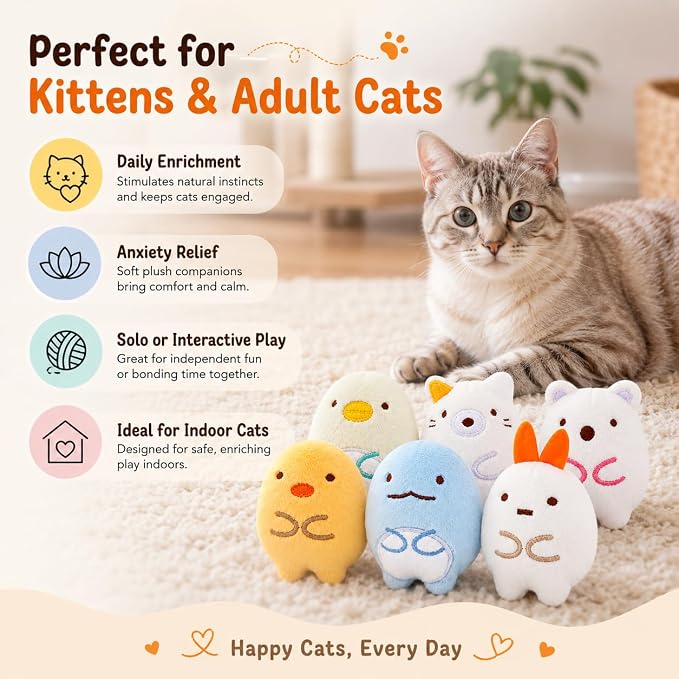 6 Pack Catnip Toys for Cats – Plush Interactive Cat Toys for Indoor Cats & Kittens – Soft Catnip Filled Chew, Kick & Toss Toys – Cute Assorted Plush Characters for Stress Relief & Exercise - Image 6