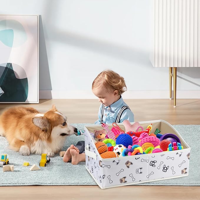 Geyecete Foldable Dog Toy Organizer Boxes - Cloth+Cardboard Trapezoid Storage Box with Handle, Basket for Toys (Beige Dog Head Print) - Image 6