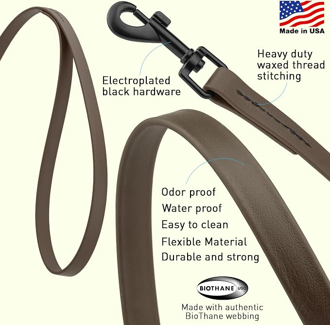 Dogline Biothane Waterproof Dog Leash Strong Coated Nylon Webbing with Black Hardware Odor-Proof Easy to Clean High Performance for Small or Large Dogs Made in USA 4 or 6 ft Lead, Dark Chocolate Brown - Image 2