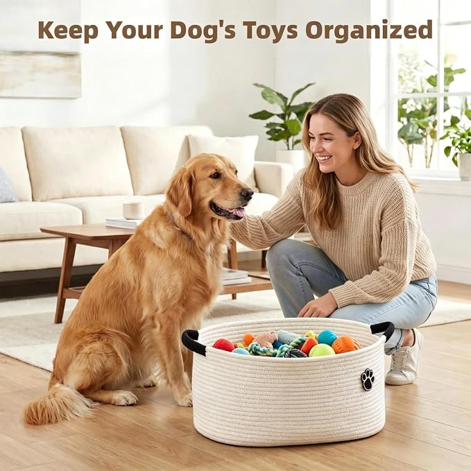 Optish 40L Extra Larg Dog Toy Basket, Woven Storage Baskets with Handles | 20" x 14" x 9" XL Toy Storage Box and Bin with Handles for Living Room, Bedroom Organization, Foldable, Durable, Home Decor - Image 5