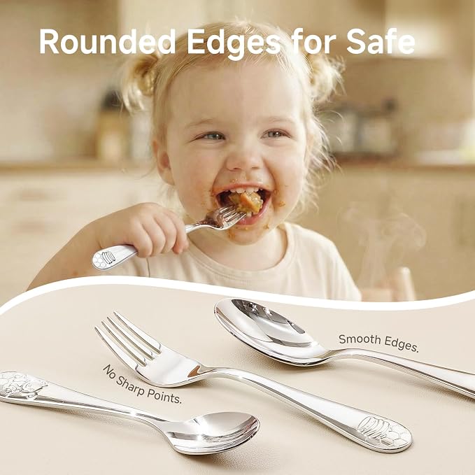 KINGSTONE 2 Pcs Kids Silverware with Case, Stainless Steel, Honey Bear | Large 18/10 Stainless Steel Fork & Spoon, Ergonomic, Lightweight, Self-Feeding Children Flatware for Travel & Home - Image 3