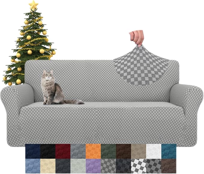 YEMYHOM Couch Cover Latest Jacquard Design High Stretch Sofa Covers for 3 Cushion Couch, Pet Dog Cat Proof Slipcover Non Slip Magic Elastic Furniture Protector (Large, Light Gray Checkered) - Image 8