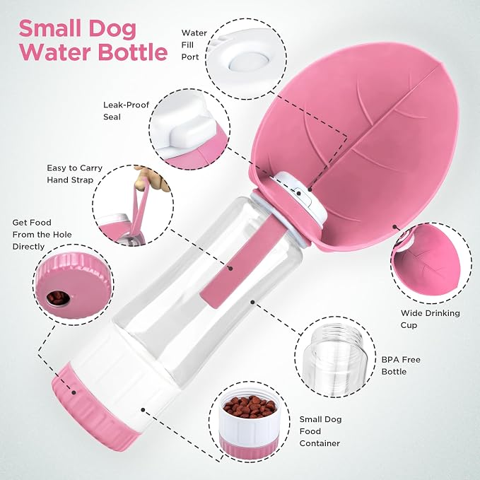 Uppetly Dog Water Bottle, Pet Water Bottle with Food Container and Drinking Feeder, Leak Proof, BPA-Free, Portable Foldable Puppy Water Cup Dispenser for Outdoor Walking, Travel, Hiking Large Pink - Image 2