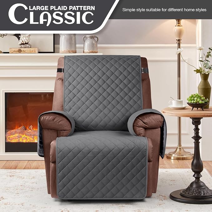 KinCam 100% Waterproof Recliner Chair Covers Washable, 23.6", Charcoal Gray | Anti Slip Reclining Couch Covers for Pets Dog, Recliner Sofa Slipcover Storage Pocket, Furniture Protector with Elastic Strap - Image 2