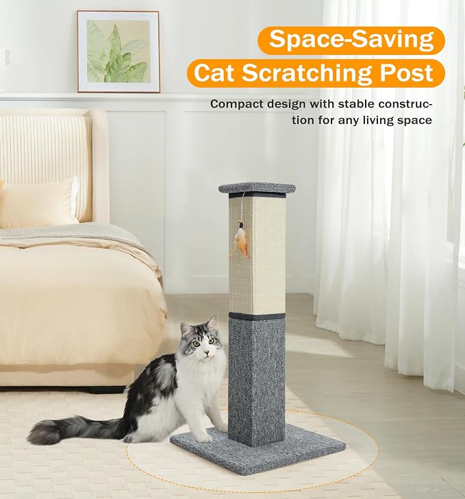 Made4Pets Cat Scratching Post for Indoor Cats, Sisal Carpet Scratcher, 32" | Dual Sisal & Carpet Surfaces, Full-Body Stretching, Stable Base, Hanging Toy for Cats with Different Scratching Preferences - Image 5