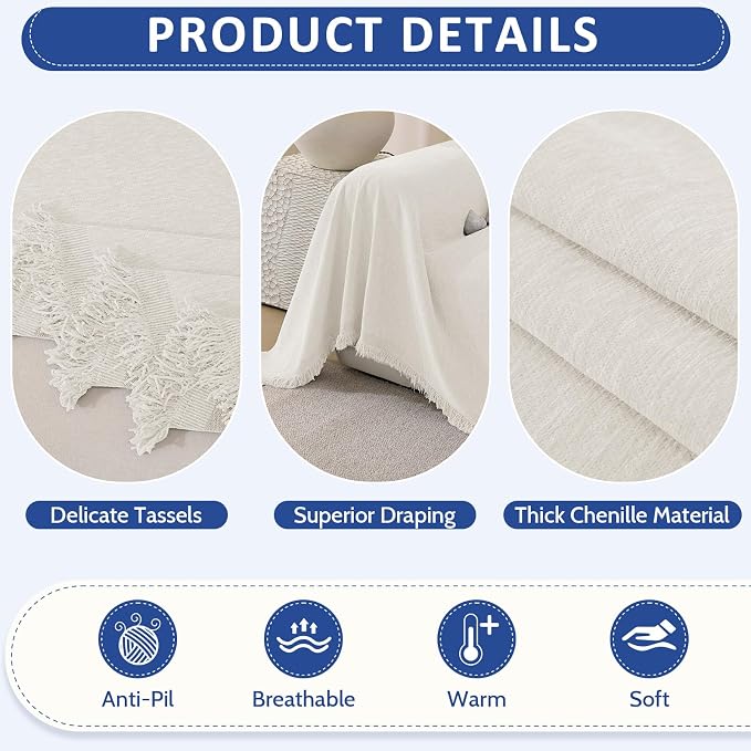 Chenille Couch Cover for Dogs Washable Boho Throw Blanket Washable | 71"×134",Beige White, Soft Chenille, Tassel Design, Pet Friendly, Furniture Protector, for Couch, Sofa, Bed, Living Room - Image 5