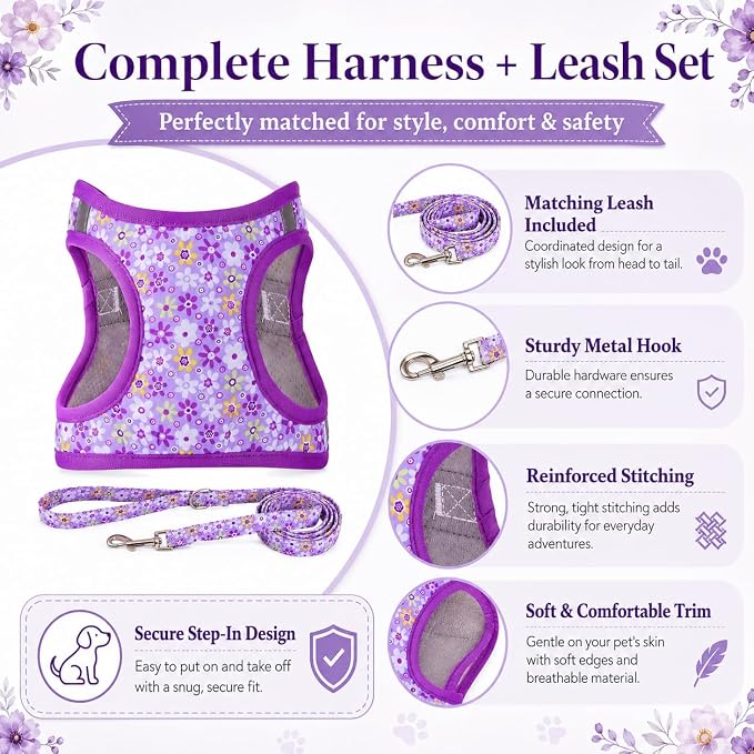 Step in Dog Harness Leash Set- All Weather Reflective No-Pull Floral Pattern Padded Mesh Vest Harness for Cats Puppy Extra-Small Small Medium Large Dogs - Purple Flower - L - Image 5