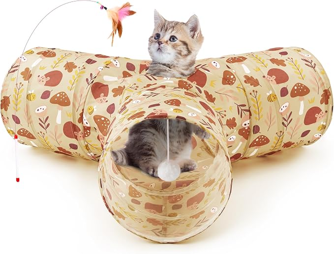 Tempcore Cat Tunnel for Indoor Cats, 3 Way Collapsible Pet Play Tunnel with Teaser Wand, Peek Holes & Hanging Ball, Interactive Tube for Kittens & Rabbits, Khaki Hedgehog by Tempcore