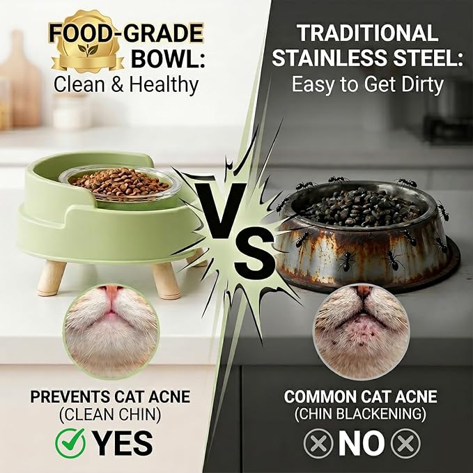 Ant Not Cross Elevated Cat Bowls Mess Proof-2 Food Grade Glass Bowls & 1 Lids- No Spill Cat Food and Water Feeding Station for Cats&Puppy Indoor & Outdoor,No Whisker Fatigue Dish,Beige - Image 8
