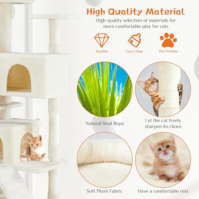 Sweetcrispy 54-inch Cat Tree Tower with Scratching Posts, Indoor Use | Multi-Level Indoor Cat Tree Condo with Climbing Ladder, Plush Toy, Play House for Kitten, Beige - Image 5