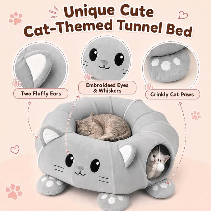 Cat Tunnel Bed with 21 Interactive Toys | Kitten Bed with Collapsible Tunnel for Indoor Cats, Cute Play Tube with Enrichment Toys (Grey, Kitten Pattern) - Image 5