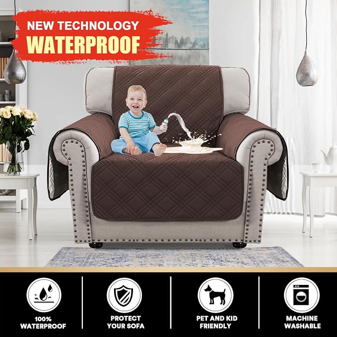 PrinceDeco 100% Waterproof Chair Sofa Slipcover for Living Room Water Resistant Couch Cover Furniture Protector Cover with Elastic Straps for Pets Kids Children Dog Cat(Chair 23", Brown) - Image 2