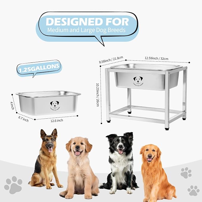 Elevated Dog Water Bowl, Stainless Steel Dog Bowl for Medium Large Dogs, Easy to Clean and Assemble for Outdoor Use 1.25 Gallons Bowl with Full Metal Stand Raised 10.23" - Image 2