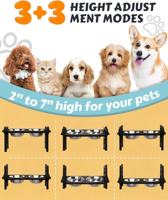 Jovrun Elevated Dog Bowls, Adjustable Raised Dog Bowl Stand for Small Size Dogs and Cats, 15°Tilted Elevated Cat Bowls, Durable Bamboo Dogs Feeder with 2 Stainless Steel Bowls and Non-Slip Feet - Image 2