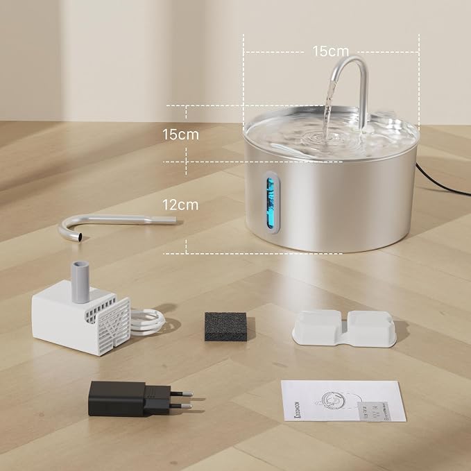 74oz Cat Water Fountain Stainless Steel for Drinking(6 Filters 3 Sponges) | 2.2L Pet Water Fountain for Cats Inside, Automatic Cat Water Dispenser Bowl, with Faucet Water Level Window, Ultra Quiet Pump - Image 9