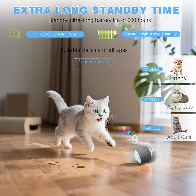 Upgraded 2.36 Inch Large Interactive Cat Toys Ball for Indoor Cats, Gray | Motion and Sound Activated, 2 Speeds, Rechargeable, 5 Replaceable Tails, Stuck-Free Motor, Pink Also Available - Image 2